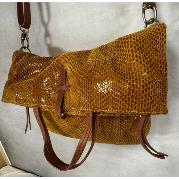 Sorial Snakeskin 14"x10" Mustard Yellow Leather Shoulder Tote‎ Bag - Picture 4 of 13